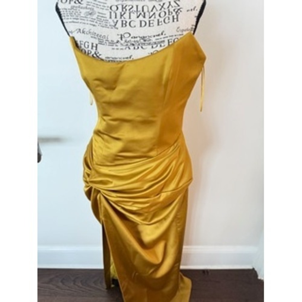 Rasario Mustard Gold Satin Strapless Gown Gathered Knot Side Slit Maxi Dress